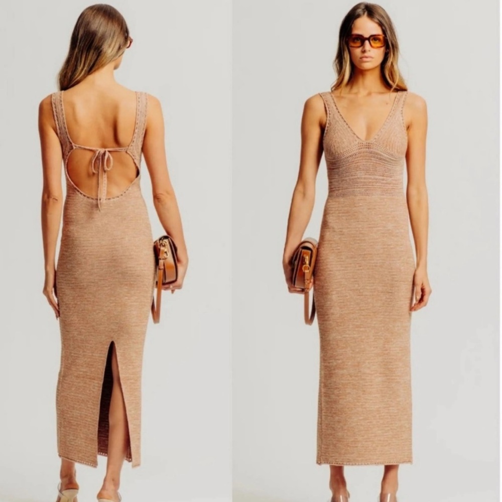 Torn by Ronny Kobo Cream Ribbed Slit Maxi Dress